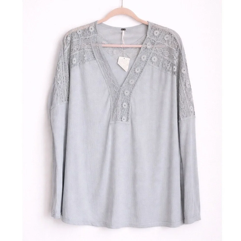 Free People NEW Lola Slate Lace Thermal Oversized Long Sleeve Top SZ Medium Boho